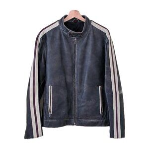 Danier Leather Jacket Men M Gray Biker Zip Striped LS Pockets Textured Rigid VTG